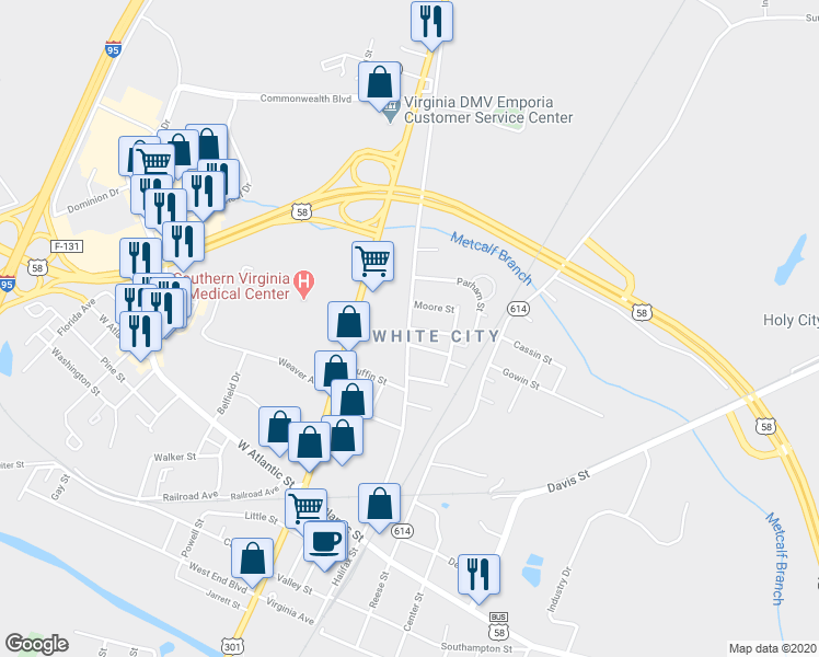 map of restaurants, bars, coffee shops, grocery stores, and more near 720 Halifax Street in Emporia