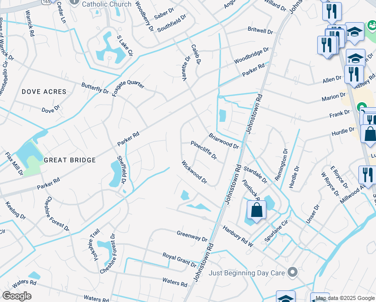 map of restaurants, bars, coffee shops, grocery stores, and more near 604 Green Oaks Court in Chesapeake