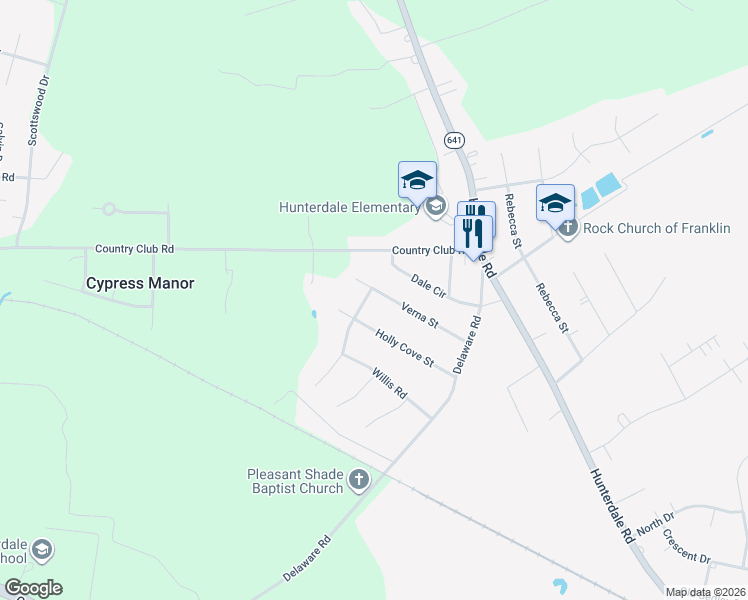 map of restaurants, bars, coffee shops, grocery stores, and more near 157 Verna Street in Franklin