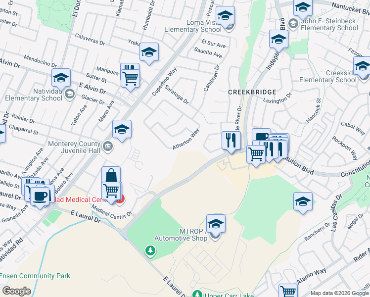 map of restaurants, bars, coffee shops, grocery stores, and more near 1641 Atherton Way in Salinas
