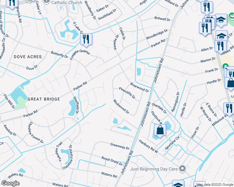 map of restaurants, bars, coffee shops, grocery stores, and more near 604 Green Oaks Court in Chesapeake