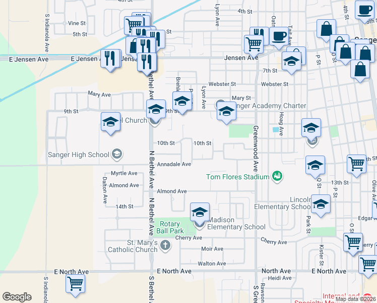 map of restaurants, bars, coffee shops, grocery stores, and more near 1105 Post Street in Sanger