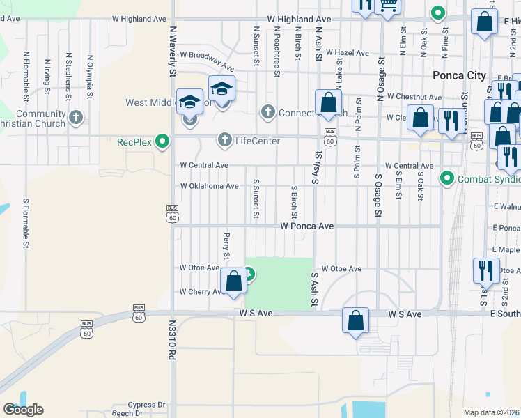 map of restaurants, bars, coffee shops, grocery stores, and more near 329 South Sunset Street in Ponca City