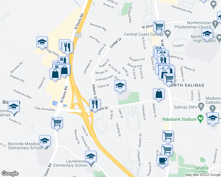 map of restaurants, bars, coffee shops, grocery stores, and more near 1250 Polk Street in Salinas