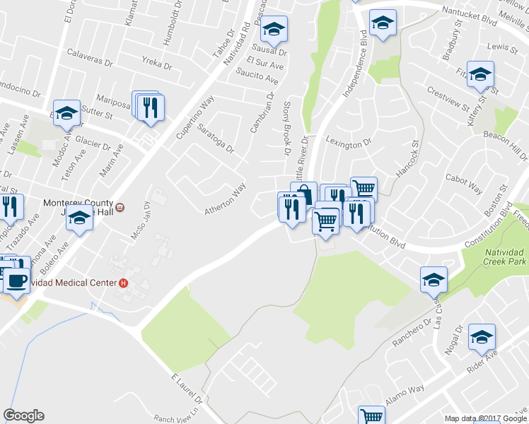 map of restaurants, bars, coffee shops, grocery stores, and more near 1510 Oyster Bay Court in Salinas