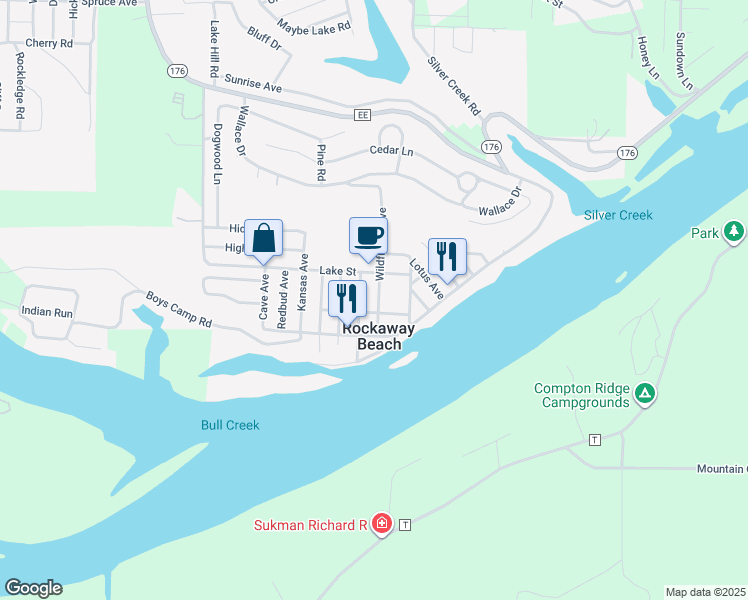 map of restaurants, bars, coffee shops, grocery stores, and more near 195 Wildflower Avenue in Rockaway Beach