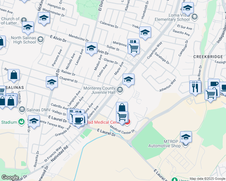 map of restaurants, bars, coffee shops, grocery stores, and more near 629 Chaparral Street in Salinas