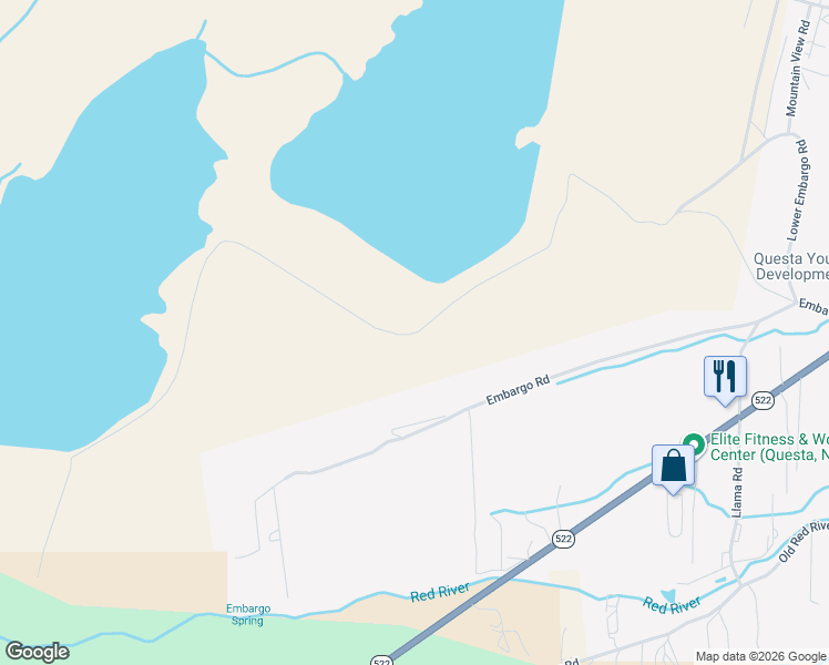 map of restaurants, bars, coffee shops, grocery stores, and more near Lower Embargo Rd in Questa