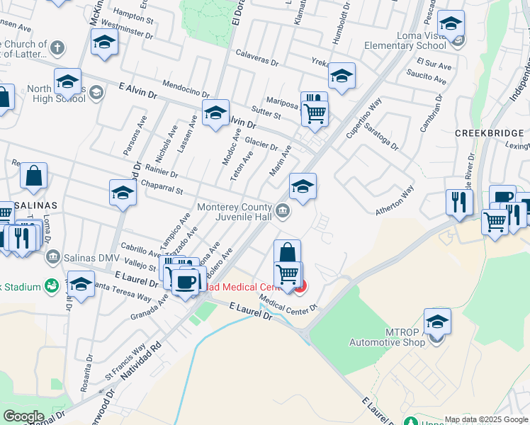 map of restaurants, bars, coffee shops, grocery stores, and more near 629 Chaparral Street in Salinas