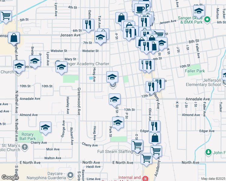 map of restaurants, bars, coffee shops, grocery stores, and more near 1705 10th Street in Sanger
