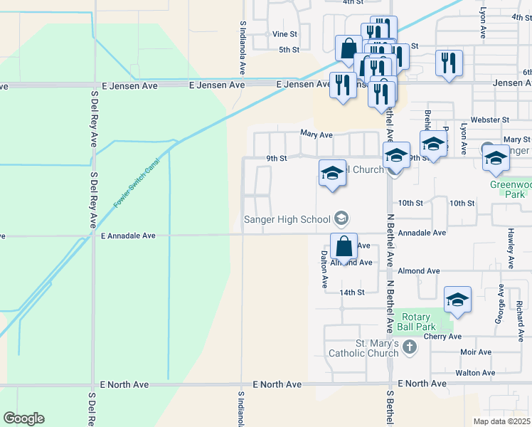 map of restaurants, bars, coffee shops, grocery stores, and more near 1076 Pinewood Avenue in Sanger
