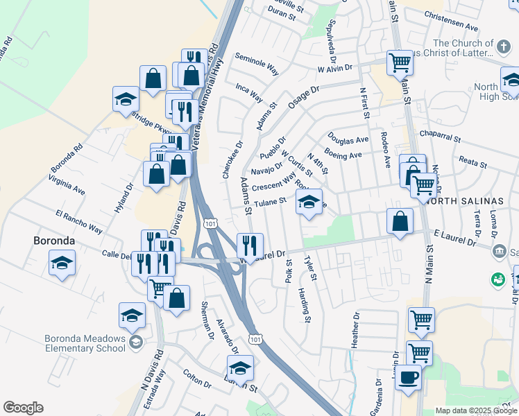 map of restaurants, bars, coffee shops, grocery stores, and more near 1253 Monroe Street in Salinas