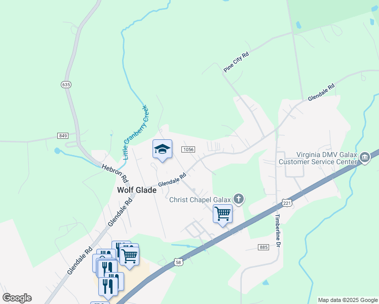 map of restaurants, bars, coffee shops, grocery stores, and more near 112 Brookstone Court in Galax