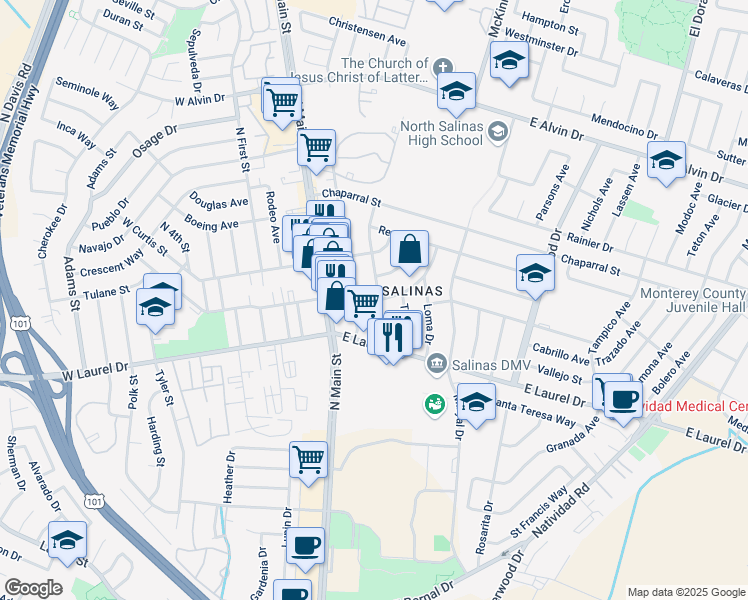 map of restaurants, bars, coffee shops, grocery stores, and more near 253 Tapadero Street in Salinas