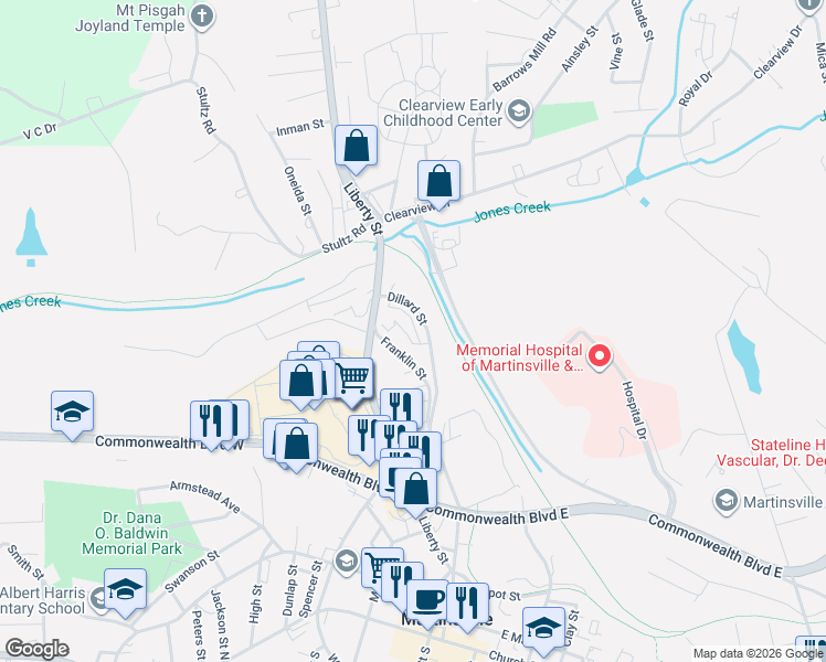 map of restaurants, bars, coffee shops, grocery stores, and more near 535-545 Dillard St in Martinsville