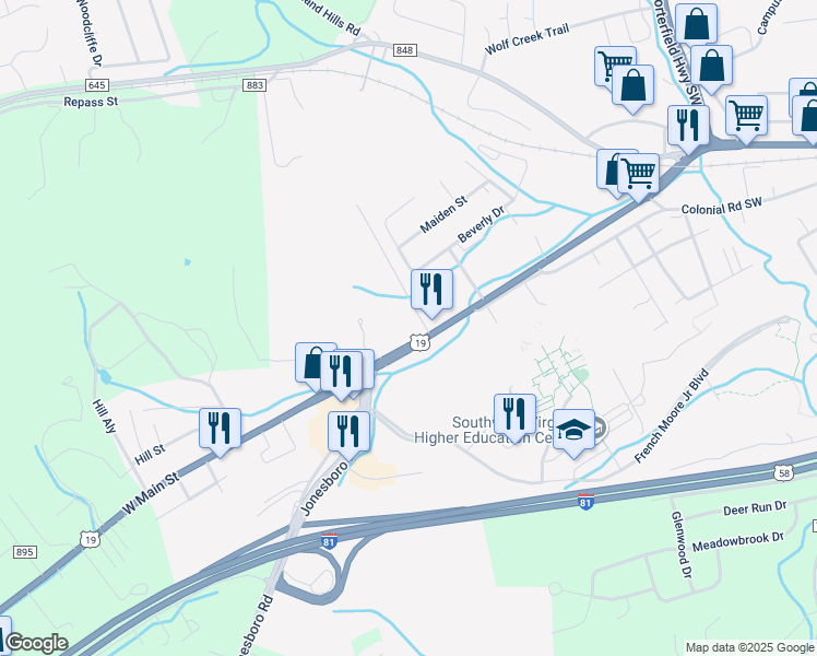 map of restaurants, bars, coffee shops, grocery stores, and more near 1003 West Main Street in Abingdon