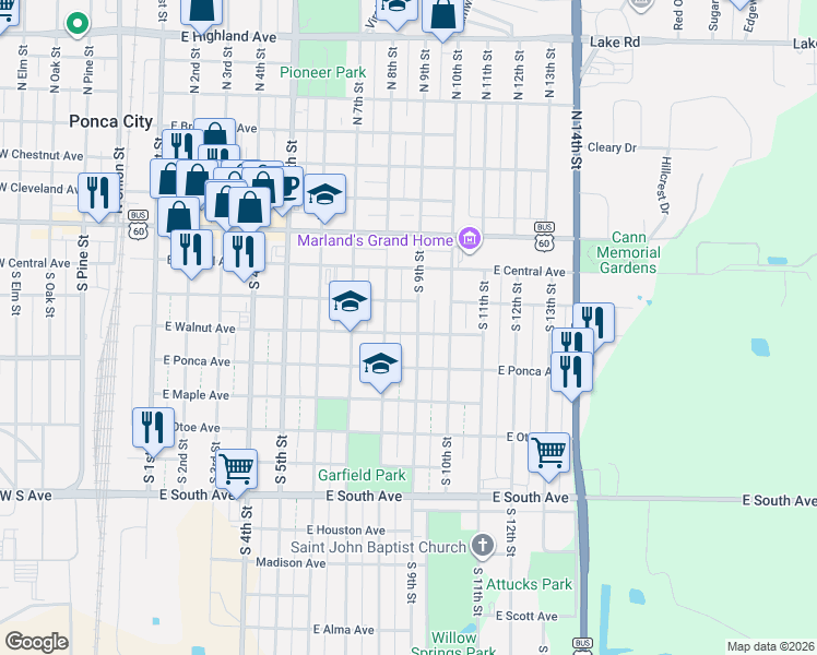 map of restaurants, bars, coffee shops, grocery stores, and more near 809 East Walnut Avenue in Ponca City