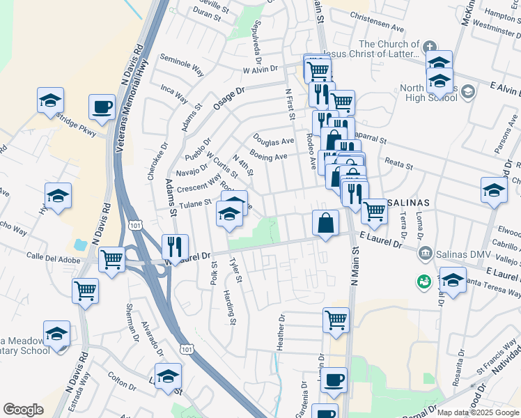 map of restaurants, bars, coffee shops, grocery stores, and more near 15 North 4th Street in Salinas