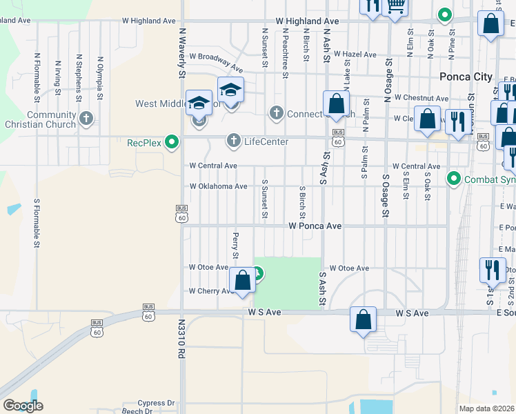 map of restaurants, bars, coffee shops, grocery stores, and more near 329 South Sunset Street in Ponca City