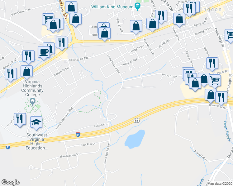 map of restaurants, bars, coffee shops, grocery stores, and more near Stone Mill Road Southwest in Abingdon