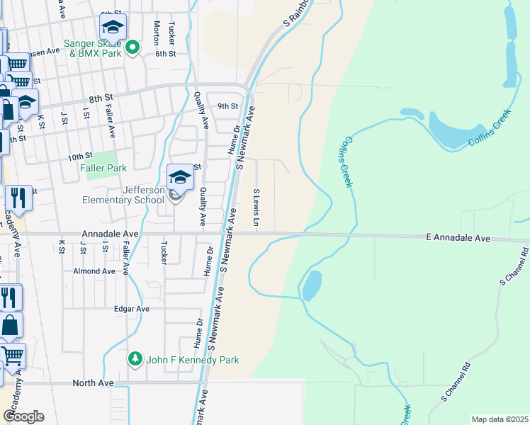 map of restaurants, bars, coffee shops, grocery stores, and more near 2416 South Lewis Lane in Sanger