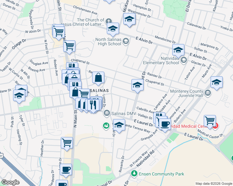map of restaurants, bars, coffee shops, grocery stores, and more near 321 Elwood Street in Salinas
