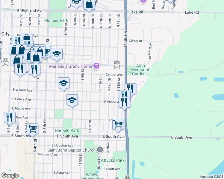 map of restaurants, bars, coffee shops, grocery stores, and more near 317 South 12th Street in Ponca City