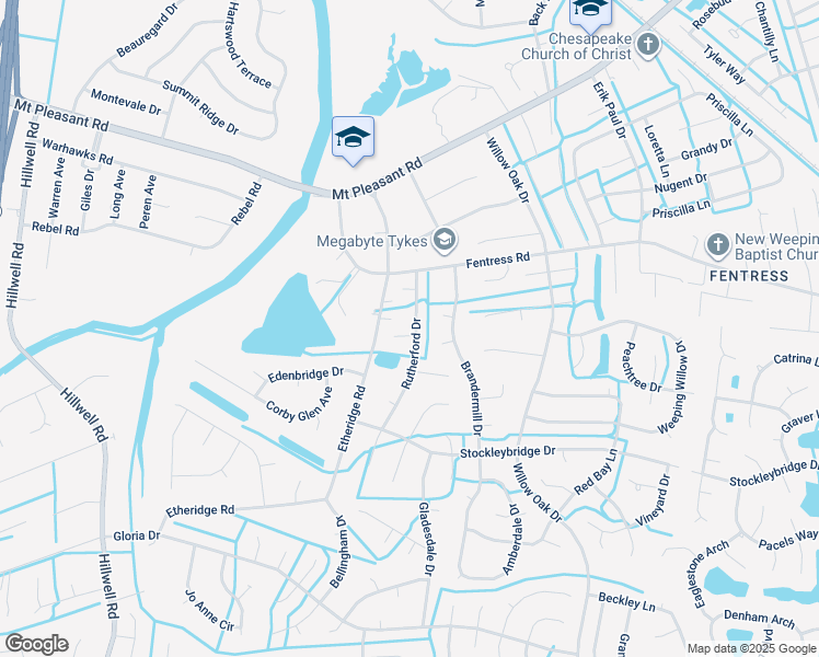map of restaurants, bars, coffee shops, grocery stores, and more near 712 Lindenbrook Lane in Chesapeake