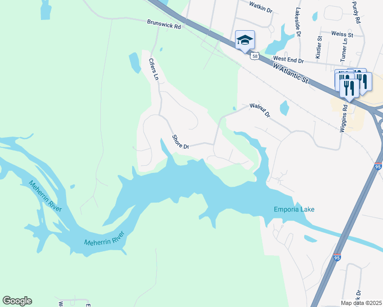 map of restaurants, bars, coffee shops, grocery stores, and more near 108 Shore Drive in Emporia
