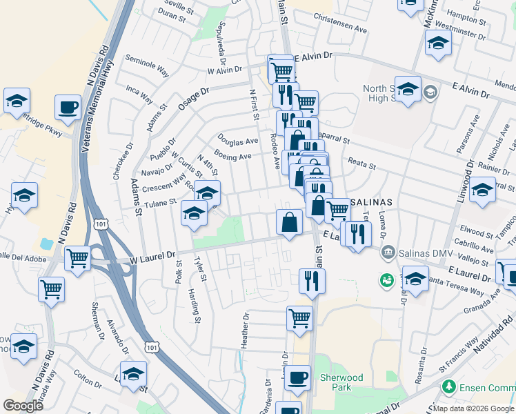 map of restaurants, bars, coffee shops, grocery stores, and more near 304 Rochex Avenue in Salinas