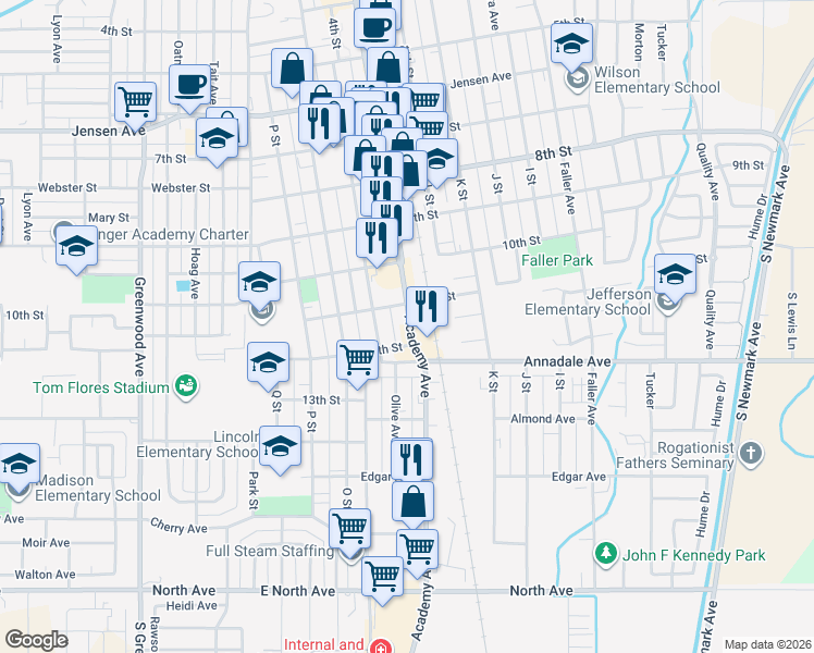 map of restaurants, bars, coffee shops, grocery stores, and more near 1119 Academy Avenue in Sanger