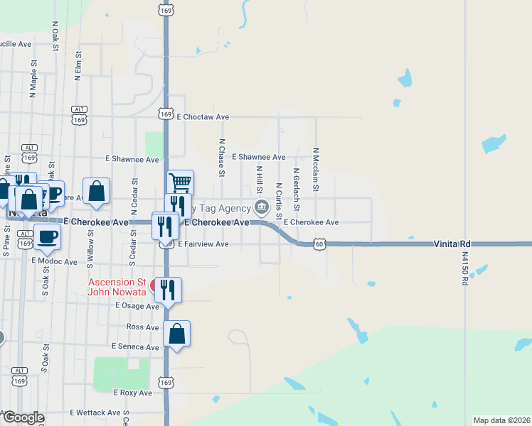 map of restaurants, bars, coffee shops, grocery stores, and more near 112 North Hill Street in Nowata