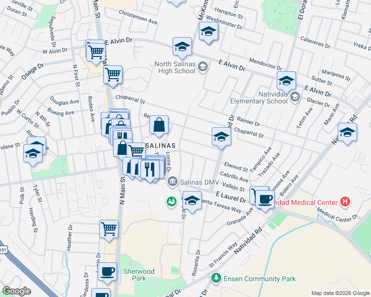 map of restaurants, bars, coffee shops, grocery stores, and more near 279 Elwood Street in Salinas