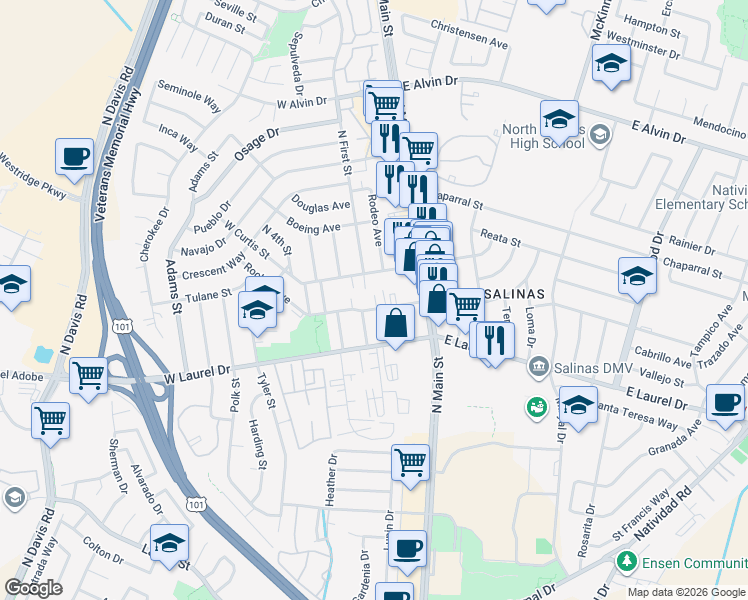 map of restaurants, bars, coffee shops, grocery stores, and more near 120 Rochex Avenue in Salinas