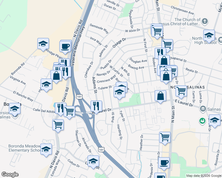 map of restaurants, bars, coffee shops, grocery stores, and more near 1250 Polk Street in Salinas