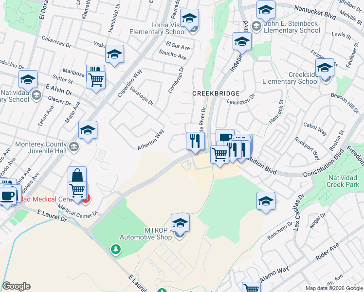 map of restaurants, bars, coffee shops, grocery stores, and more near 1510 Oyster Bay Court in Salinas