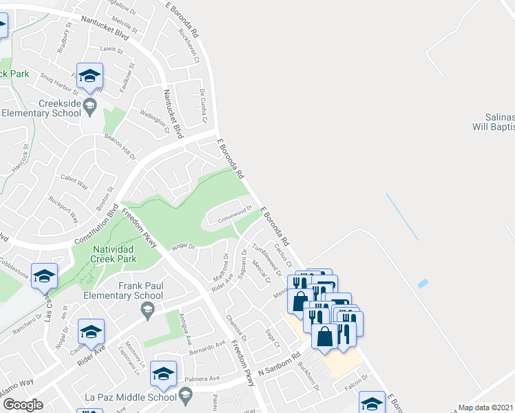 map of restaurants, bars, coffee shops, grocery stores, and more near 1576 Cottonwood Drive in Salinas