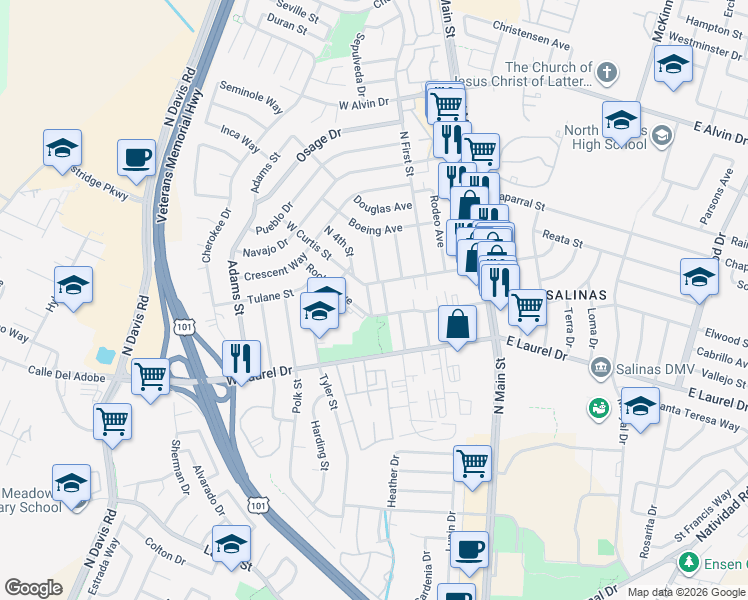 map of restaurants, bars, coffee shops, grocery stores, and more near 15 North 4th Street in Salinas