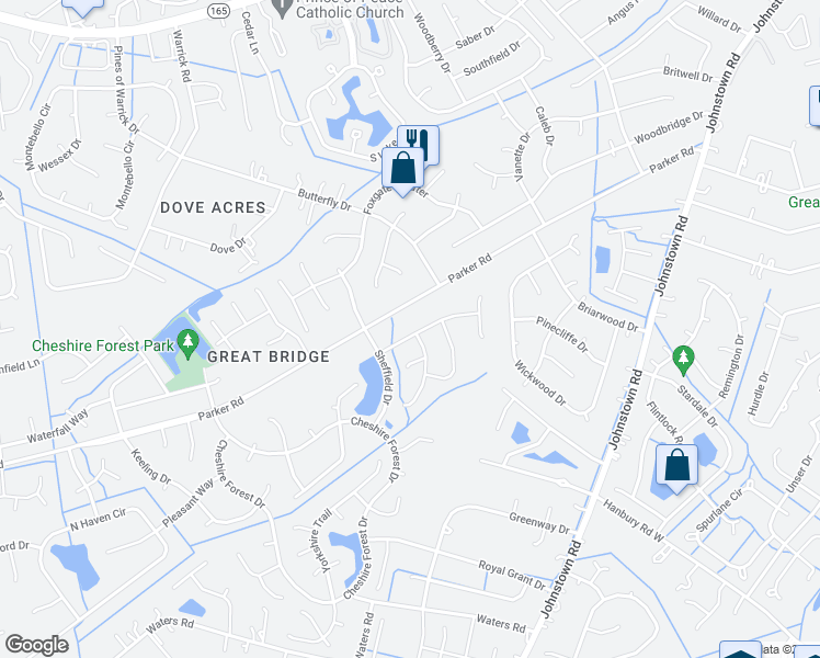 map of restaurants, bars, coffee shops, grocery stores, and more near 632 Glasgow Street in Chesapeake