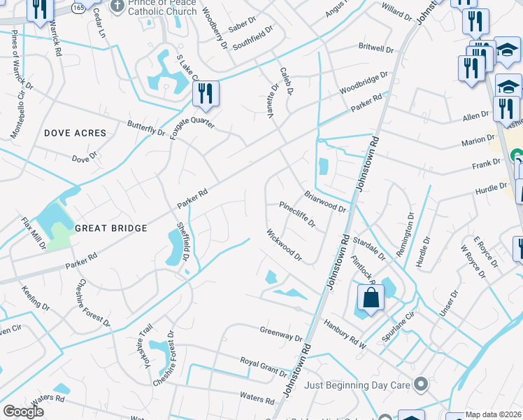 map of restaurants, bars, coffee shops, grocery stores, and more near 536 Wickwood Drive in Chesapeake