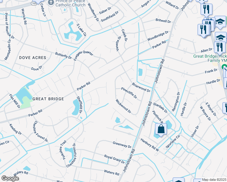 map of restaurants, bars, coffee shops, grocery stores, and more near 536 Wickwood Drive in Chesapeake