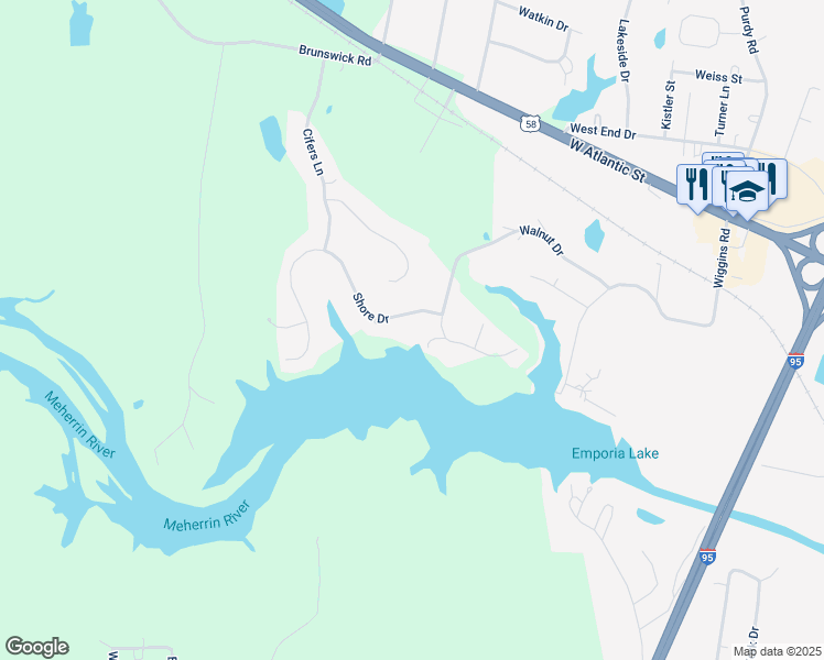 map of restaurants, bars, coffee shops, grocery stores, and more near 104 Shore Drive in Emporia