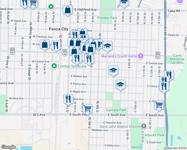 map of restaurants, bars, coffee shops, grocery stores, and more near 319 South 4th Street in Ponca City