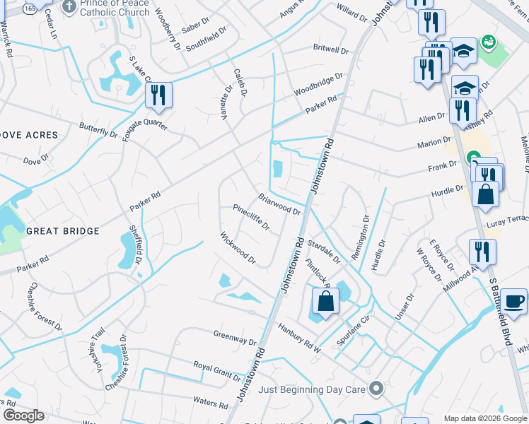 map of restaurants, bars, coffee shops, grocery stores, and more near 503 Pinecliffe Court in Chesapeake