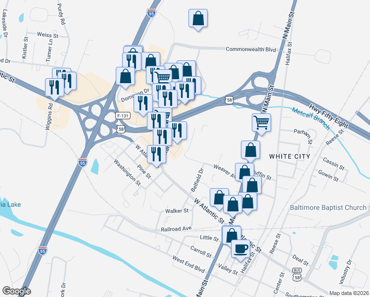 map of restaurants, bars, coffee shops, grocery stores, and more near 107 Sadler Ln in Emporia