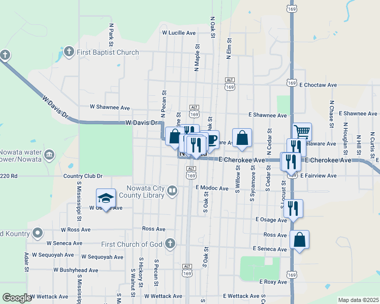 map of restaurants, bars, coffee shops, grocery stores, and more near in Nowata