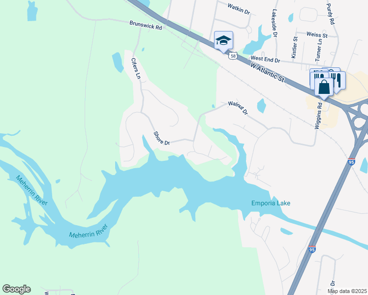 map of restaurants, bars, coffee shops, grocery stores, and more near 102 Shore Drive in Emporia