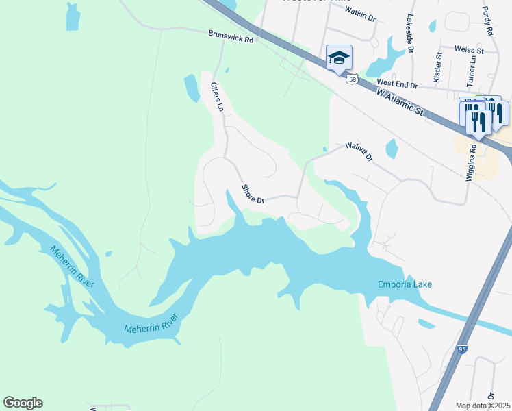 map of restaurants, bars, coffee shops, grocery stores, and more near 112 Shore Drive in Emporia