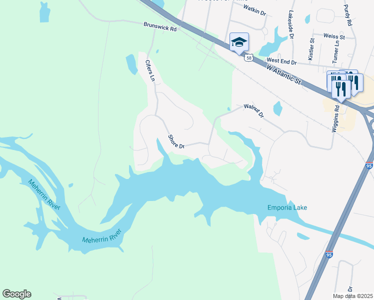 map of restaurants, bars, coffee shops, grocery stores, and more near 108 Shore Drive in Emporia