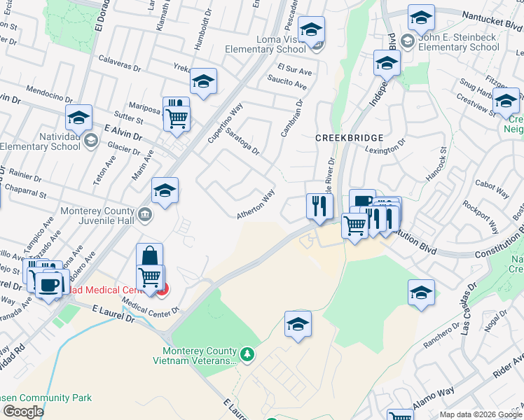 map of restaurants, bars, coffee shops, grocery stores, and more near 1629 Atherton Way in Salinas